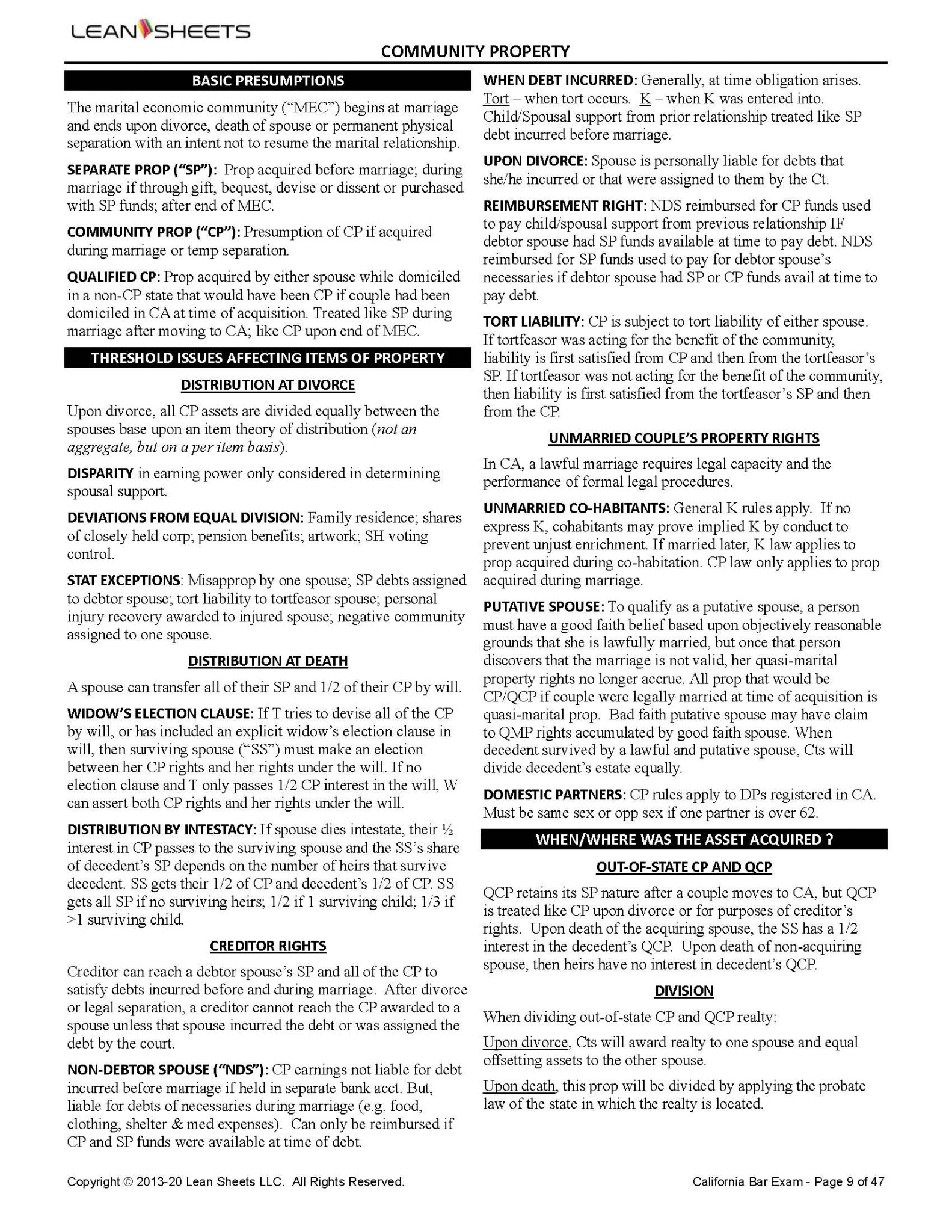California Bar Exam Outlines & Flashcards Lean Sheets